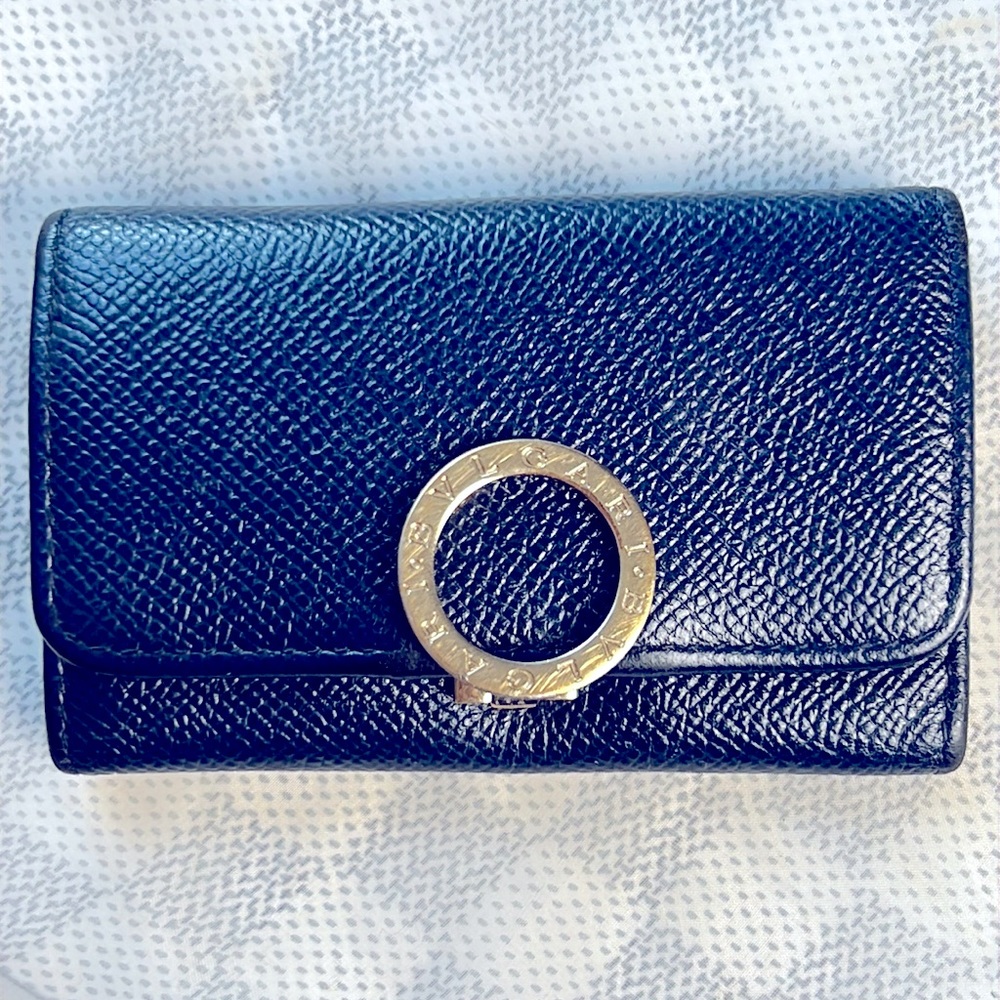Auth.BVLGARI B-Zero Indigo Blue Leather Key Case Vintage Gold-Tone hardware 3x4”